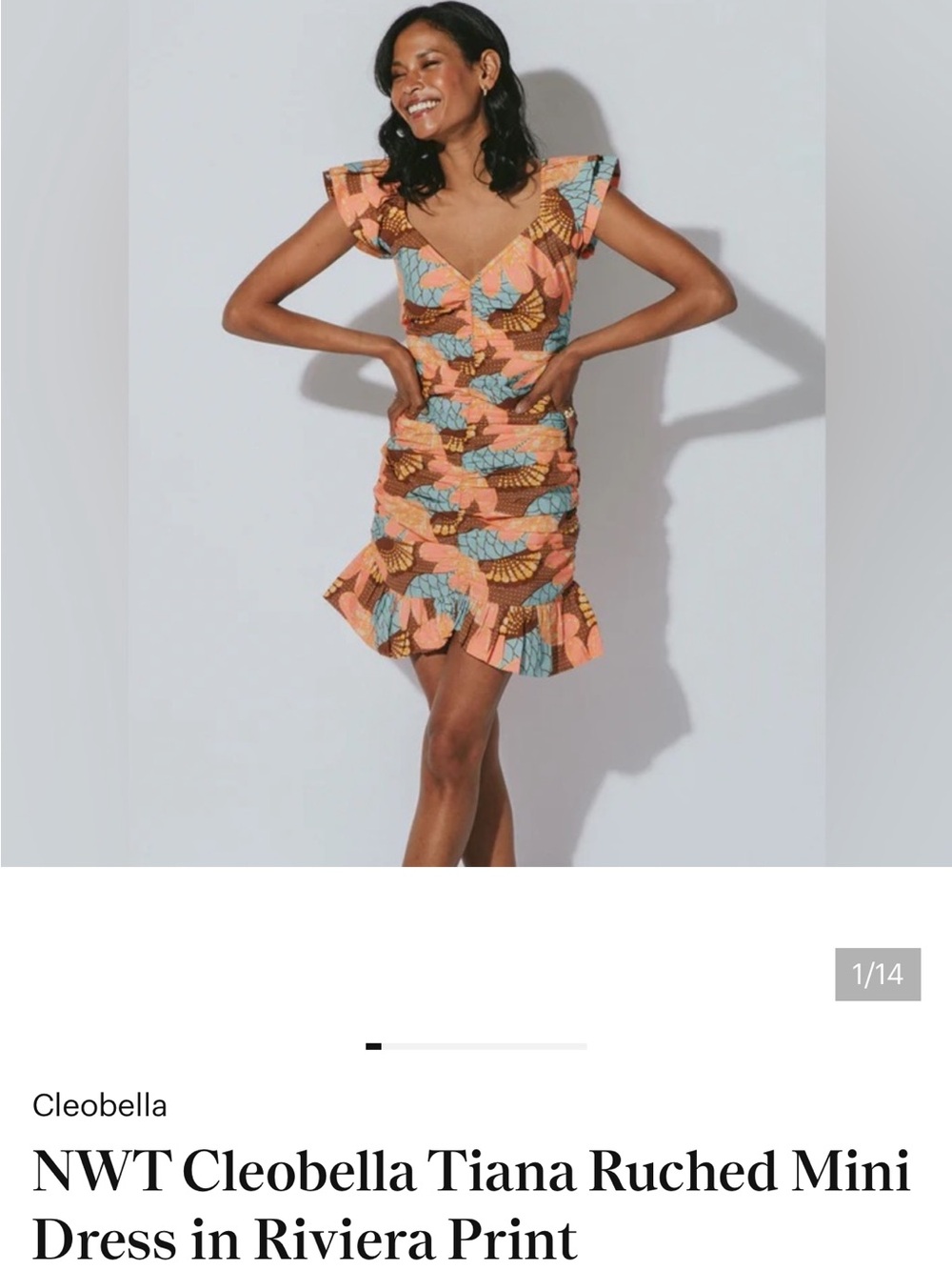 Cleobella Peach & Blue Floral Ruched Mini Dress